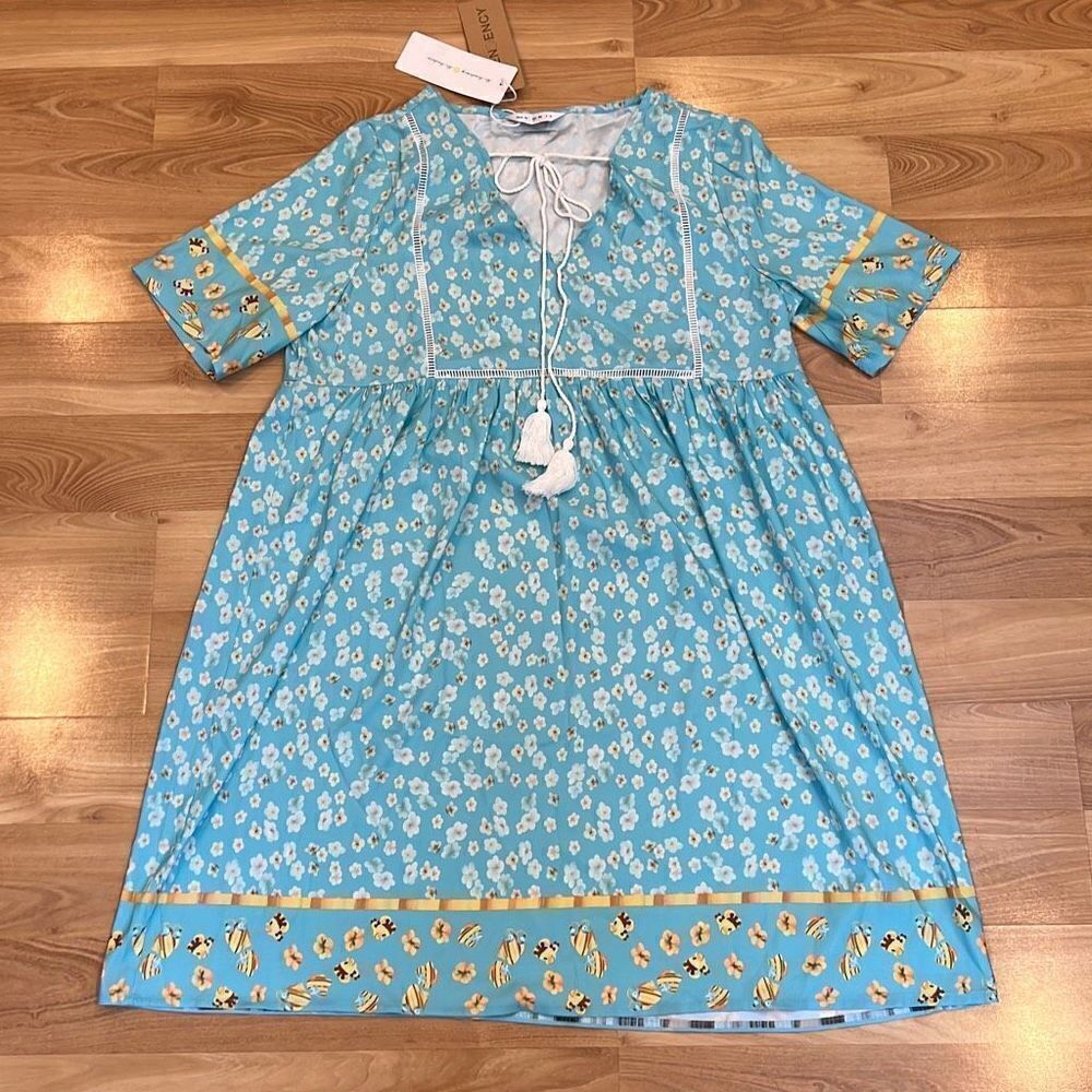 NWT Tendency Bee and Floral Blue Smock Tunic Dress Women’s Medium
